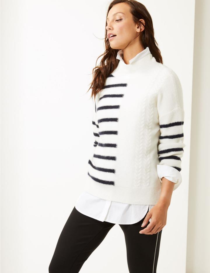 Marks & Spencer Striped Turtle Neck Jumper Cream Mix