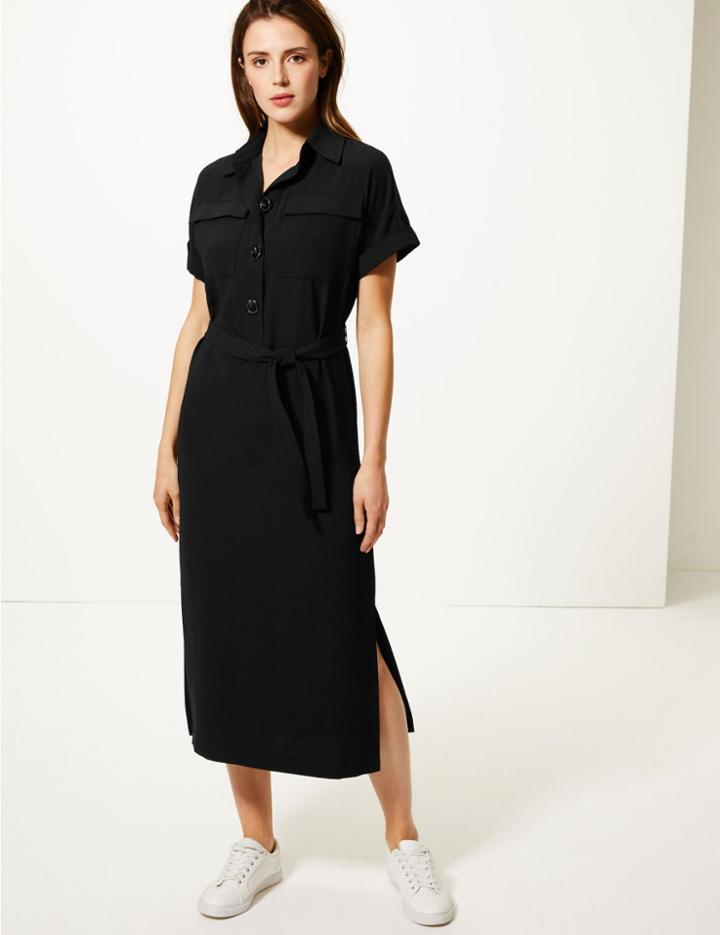 Marks & Spencer Crepe Tie Front Maxi Shirt Dress Black