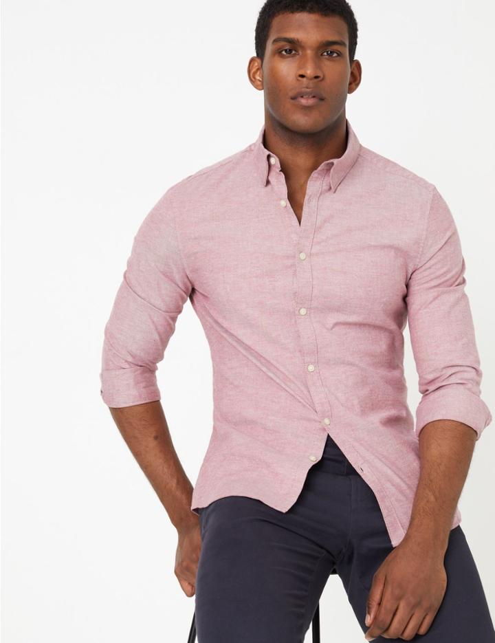 Marks & Spencer Slim Fit Oxford Shirt With Stretch Red Mix