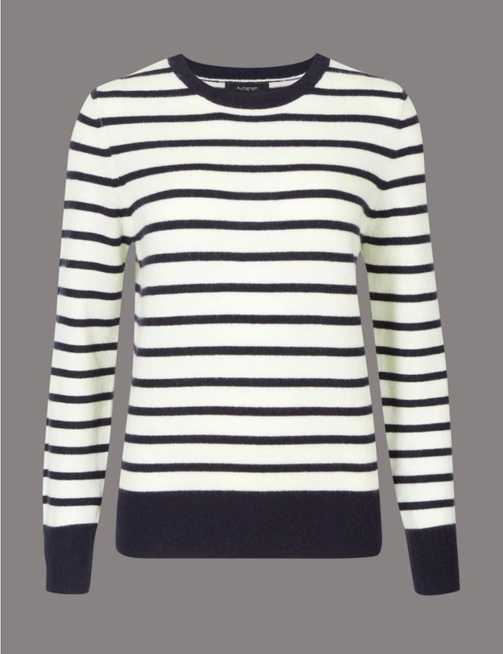 Marks & Spencer Pure Cashmere Striped Round Neck Jumper Cream Mix
