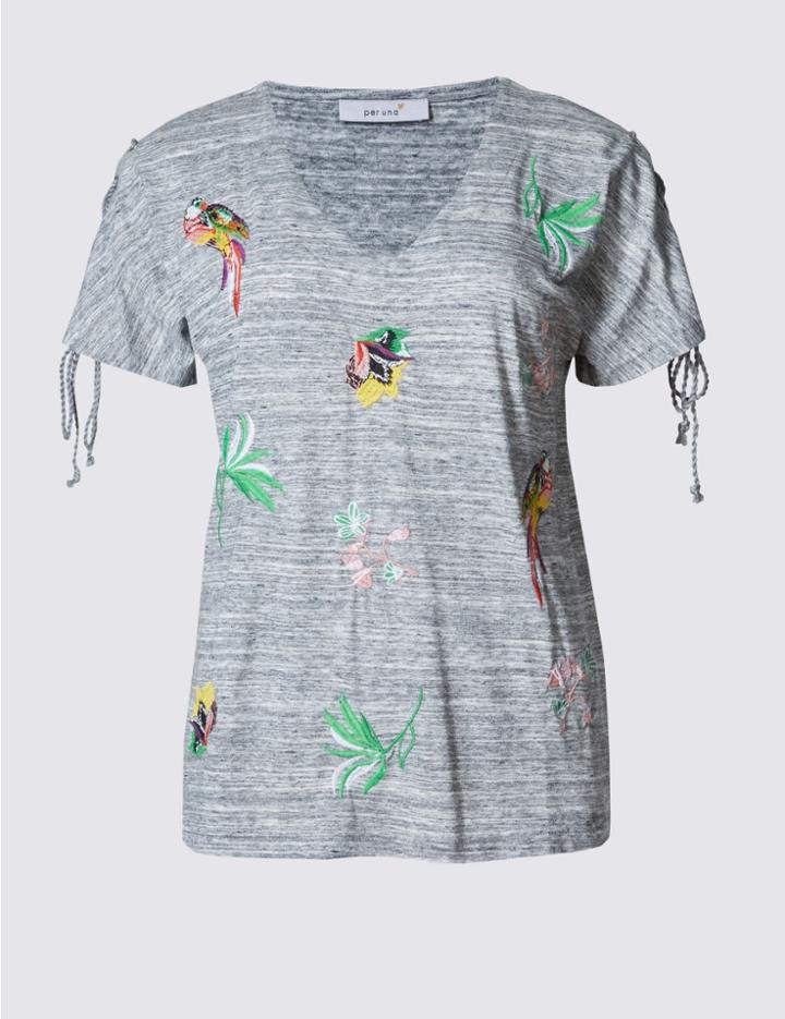 Marks & Spencer Embroidered Tie Sleeve Jersey Top Grey