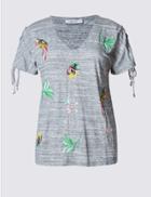 Marks & Spencer Embroidered Tie Sleeve Jersey Top Grey
