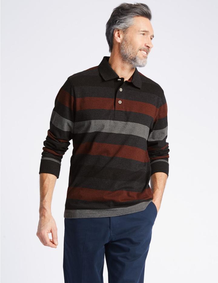 Marks & Spencer Pure Cotton Striped Rugby Top Charcoal Mix