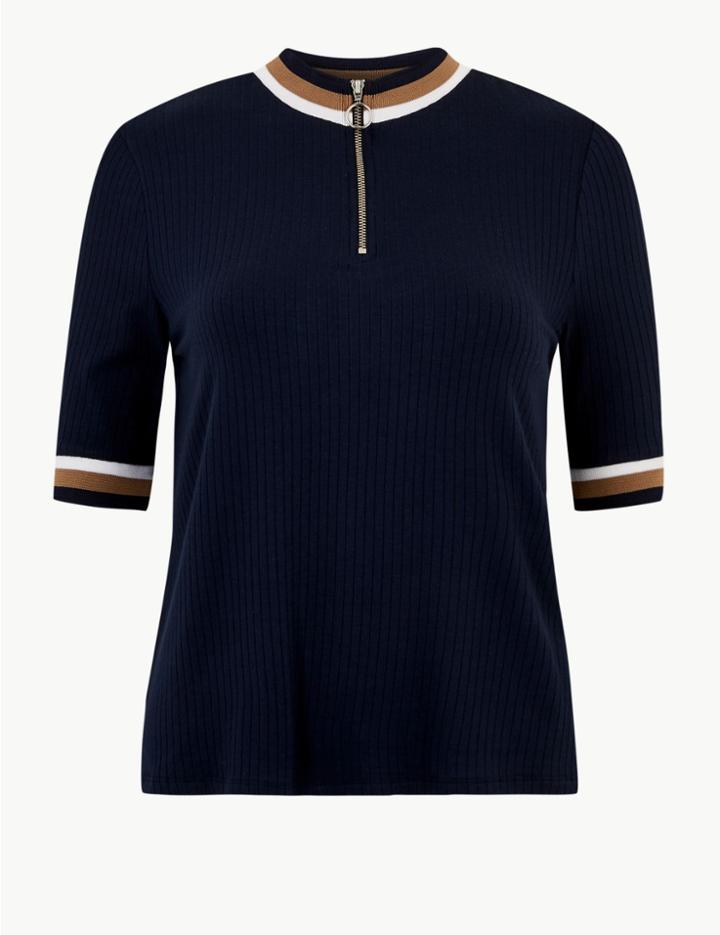 Marks & Spencer Textured High Neck Short Sleeve T-shirt Navy