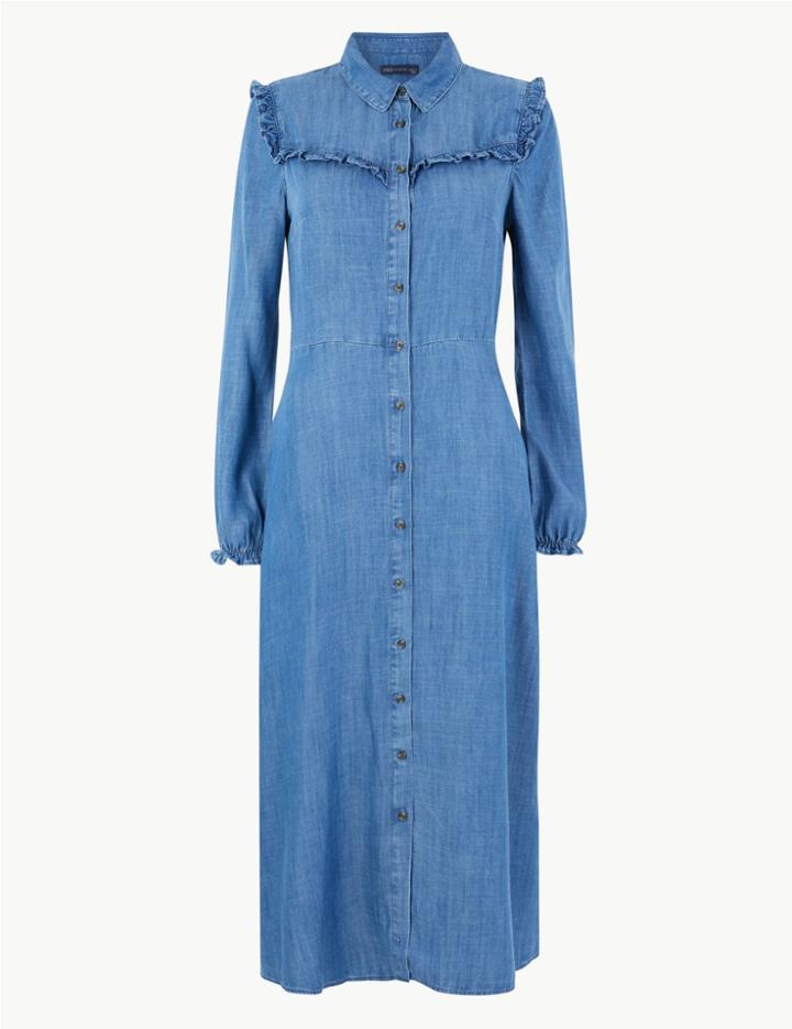 Marks & Spencer Denim Ruffle Midi Shirt Dress Chambray