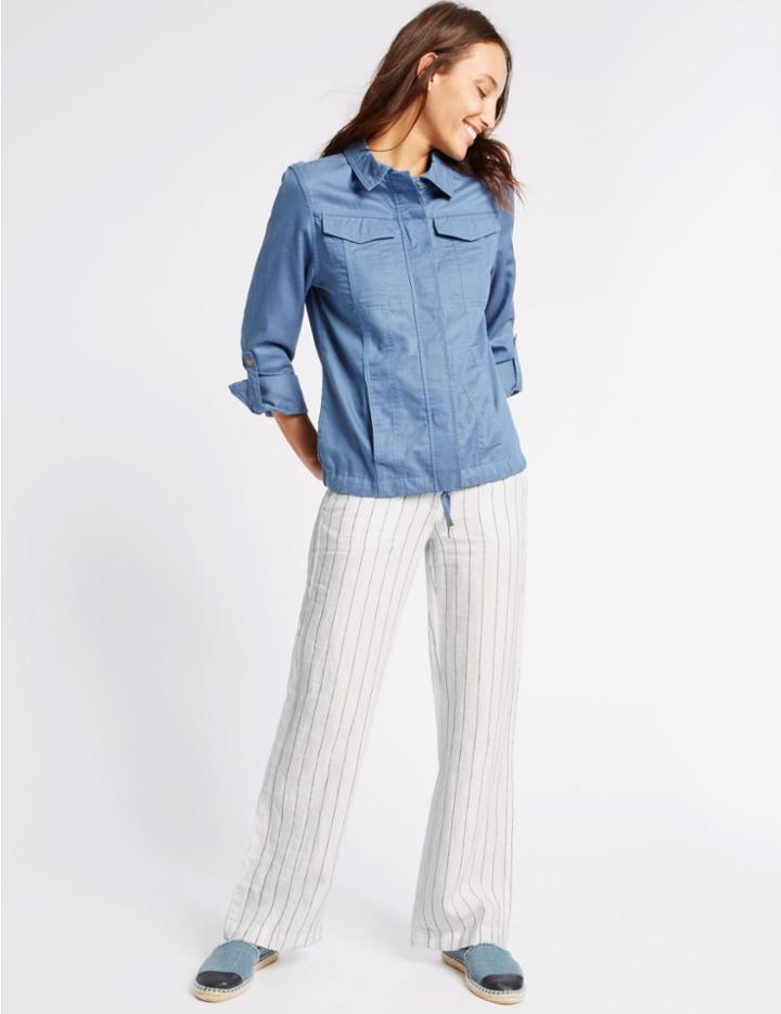 Marks & Spencer Pure Linen Striped Wide Leg Trousers Navy Stripe
