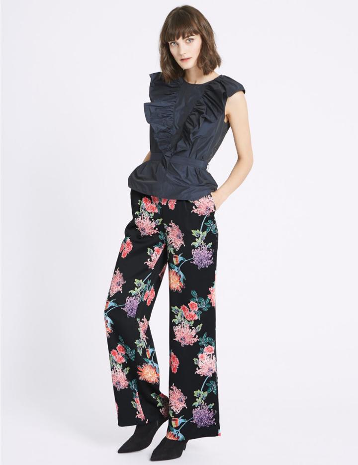 Marks & Spencer Oriental Floral Print Trousers Black Mix