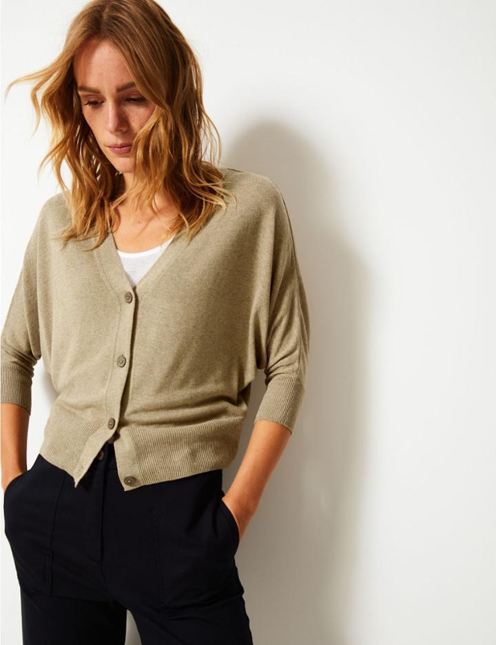Marks & Spencer Textured V-neck Cardigan With Linen Antique Brass