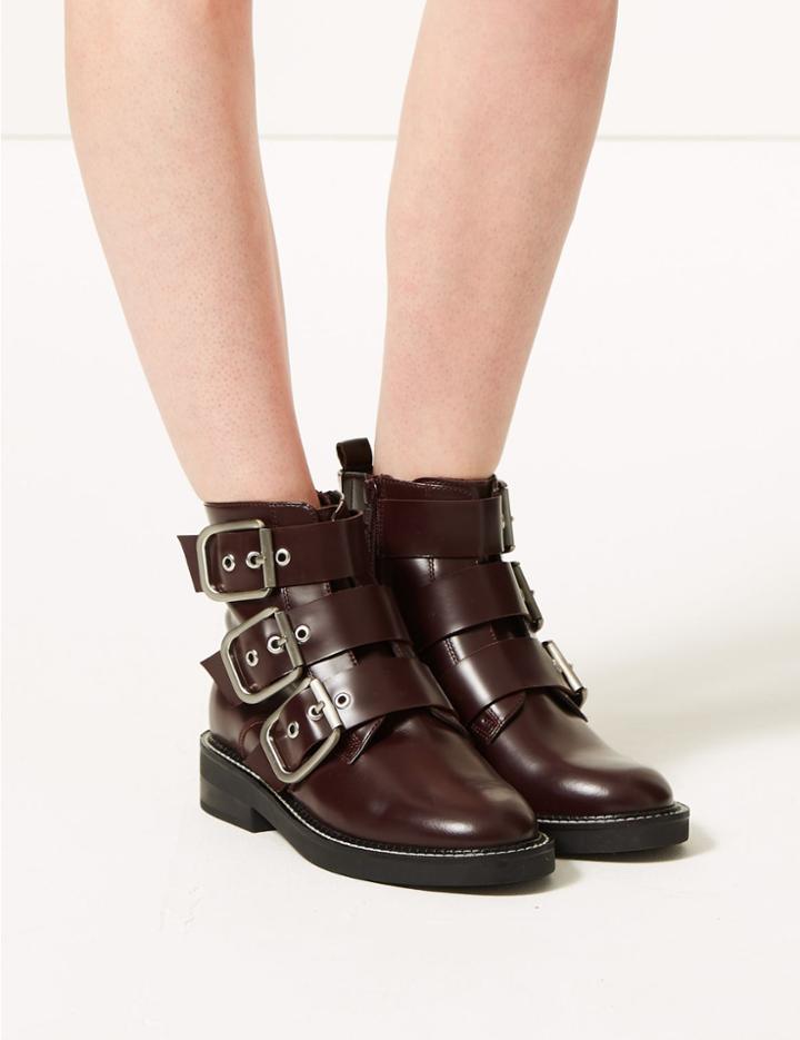 Marks & Spencer Leather Buckle Detail Ankle Boots Burgundy