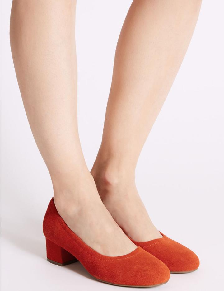 Marks & Spencer Suede Block Heel Court Shoes Flame