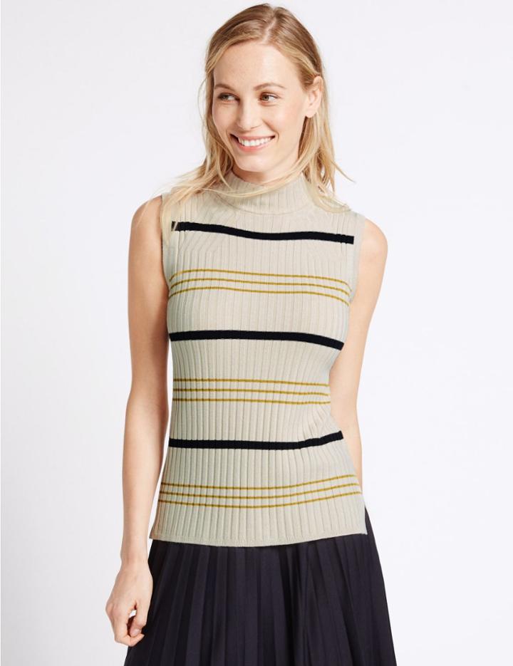 Marks & Spencer Striped Funnel Neck Sleeveless Jumper Oatmeal Mix