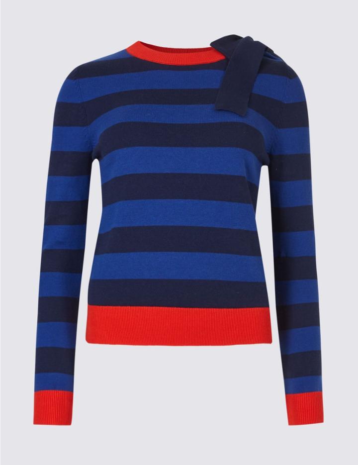 Marks & Spencer Pure Cotton Shoulder Tie Striped Jumper Multi