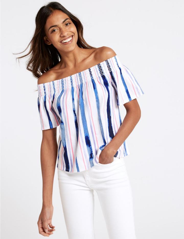 Marks & Spencer Cotton Rich Striped Short Sleeve Bardot Top Ivory Mix