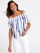 Marks & Spencer Cotton Rich Striped Short Sleeve Bardot Top Ivory Mix