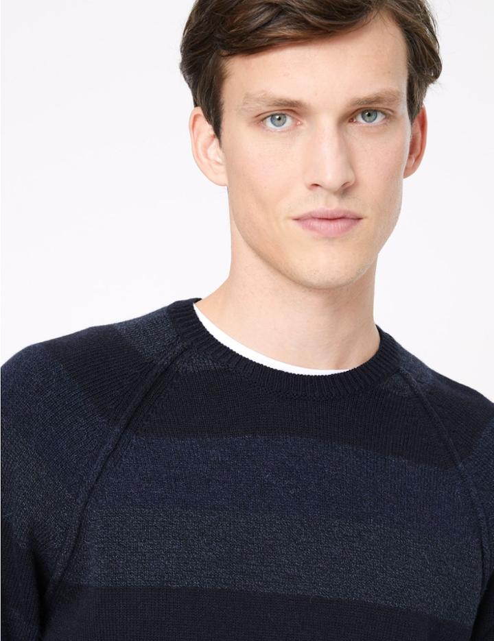 Marks & Spencer Alpaca Striped Crew Neck Jumper With Wool Navy Mix