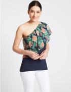 Marks & Spencer Floral Print One Shoulder Bardot Top Navy Mix