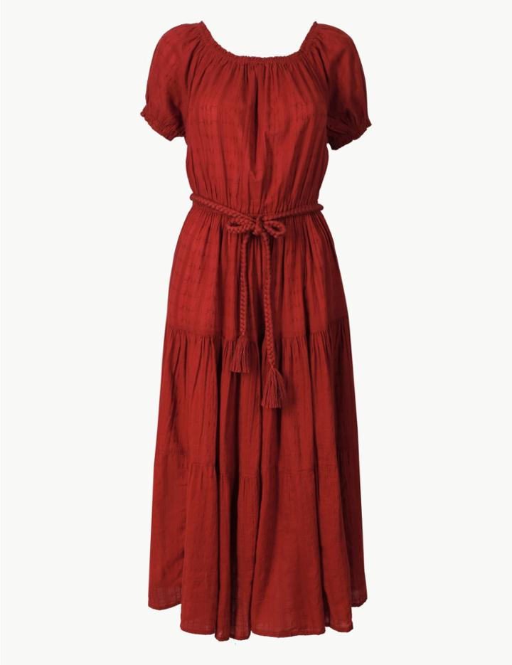 Marks & Spencer Pure Cotton Short Sleeve Waisted Midi Dress Sienna