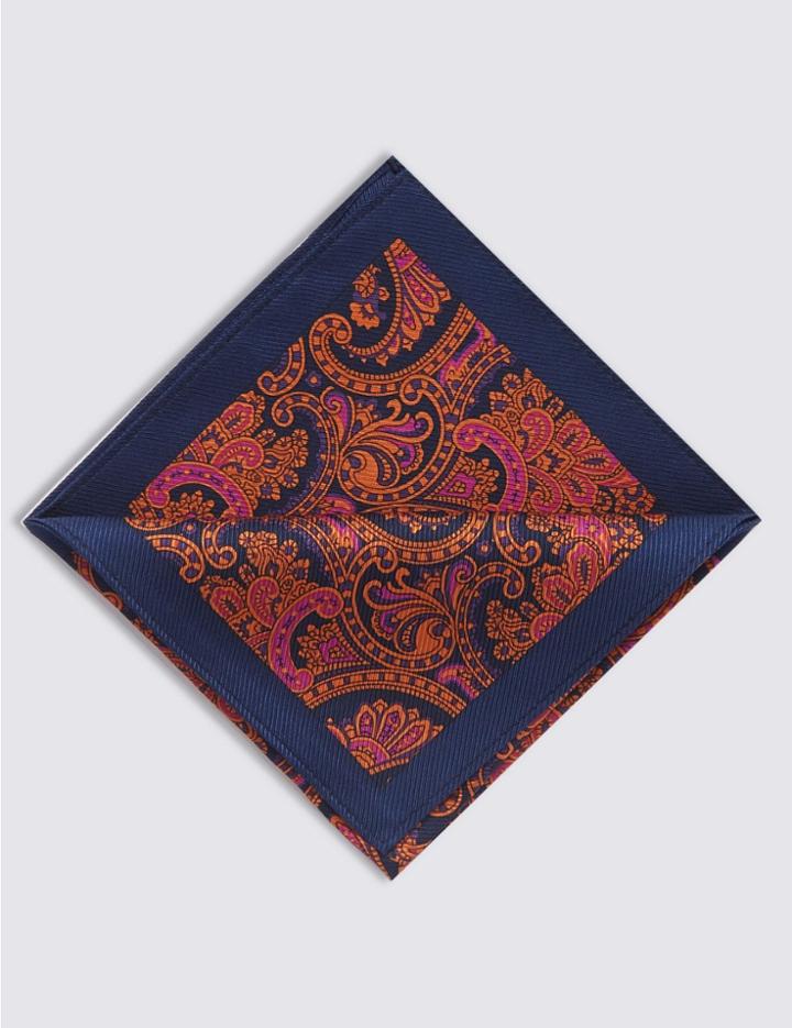 Marks & Spencer Pure Silk Paisley Print Pocket Square Orange Mix