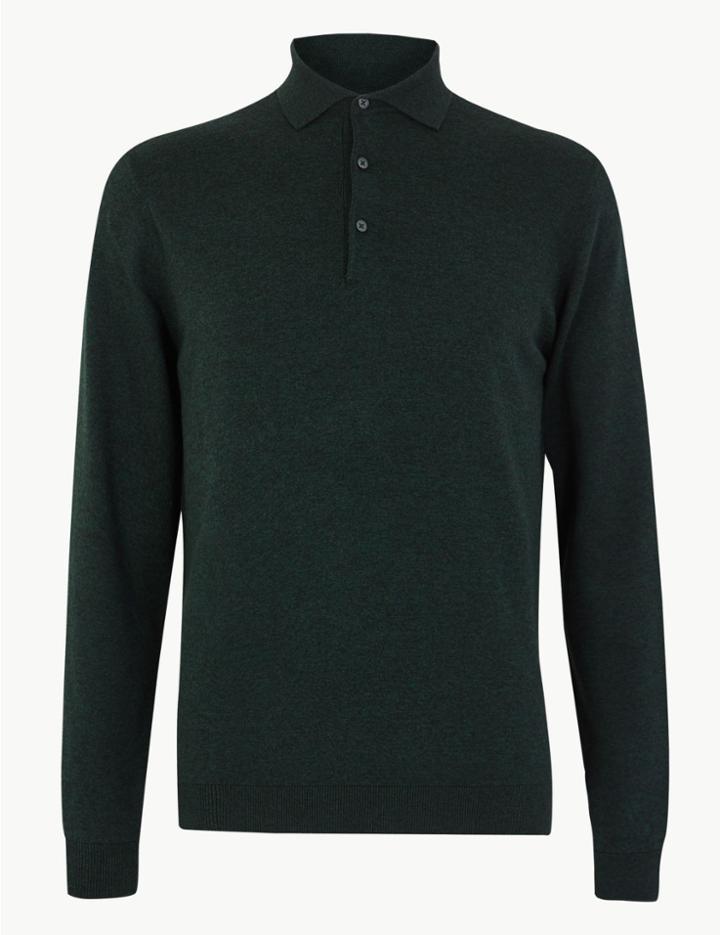 Marks & Spencer Knitted Long Sleeve Polo Shirt Green