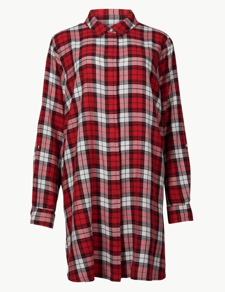 Marks & Spencer Curve Cotton Rich Checked Long Sleeve Shirt Red Mix