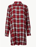Marks & Spencer Curve Cotton Rich Checked Long Sleeve Shirt Red Mix