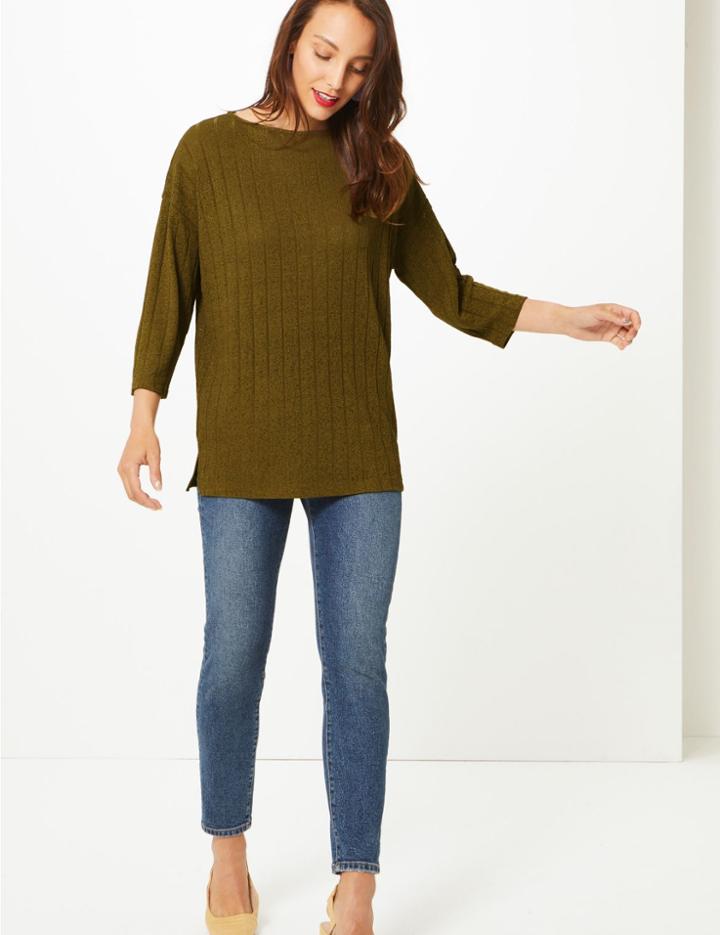 Marks & Spencer Textured Rib Slash Neck 3/4 Sleeve Blouse Khaki