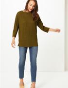 Marks & Spencer Textured Rib Slash Neck 3/4 Sleeve Blouse Khaki