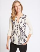 Marks & Spencer Cotton Rich Floral Print Long Sleeve Blouse Ivory Mix