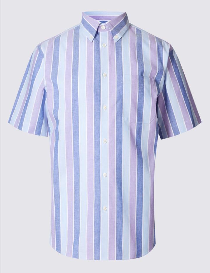 Marks & Spencer Cotton Rich Striped Shirt With Pocket Violet