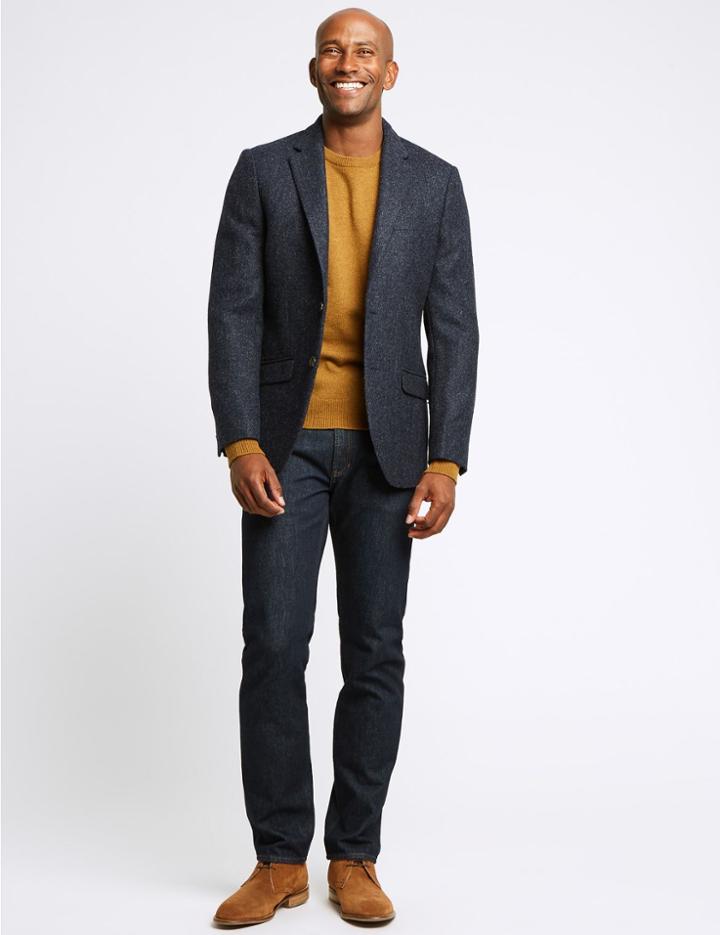 Marks & Spencer Pure Wool Textured Tailored Fit Jacket Blue
