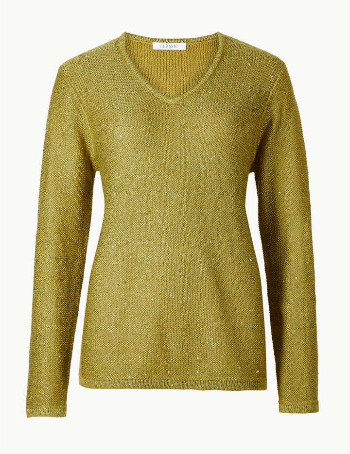 Marks & Spencer Sequin V-neck Jumper Winter Lime