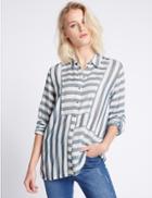 Marks & Spencer Modal Blend Striped 3/4 Sleeve Shirt Blue Mix