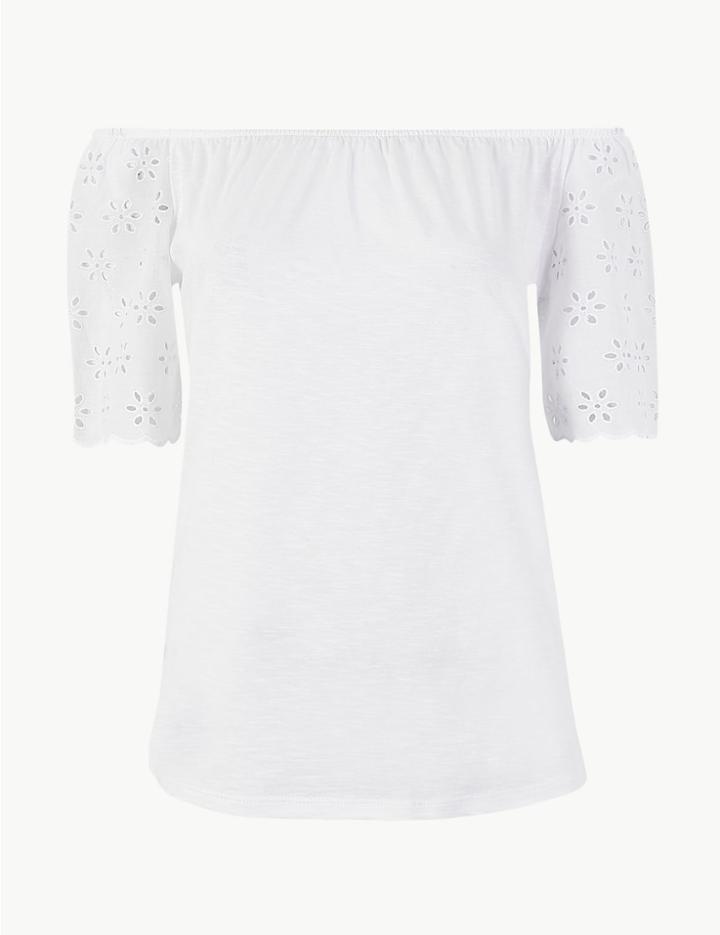 Marks & Spencer Pure Cotton Embroidered Regular Bardot Top Ivory