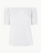 Marks & Spencer Pure Cotton Embroidered Regular Bardot Top Ivory