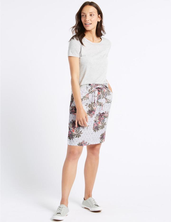 Marks & Spencer Linen Rich Floral Print Pencil Midi Skirt Multi