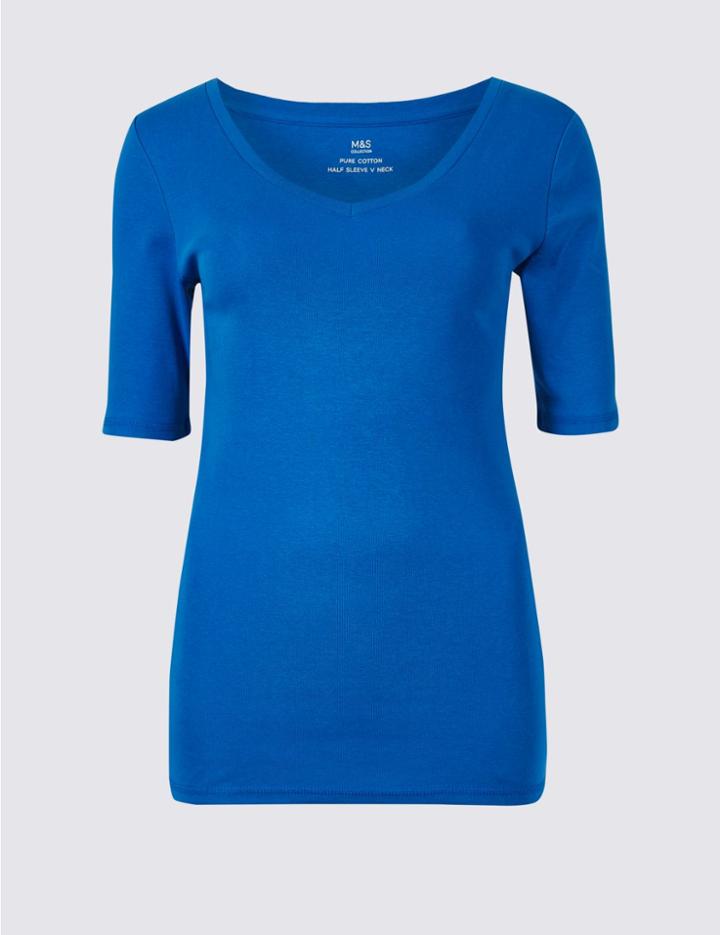 Marks & Spencer Pure Cotton V-neck Half Sleeve T-shirt Bright Blue