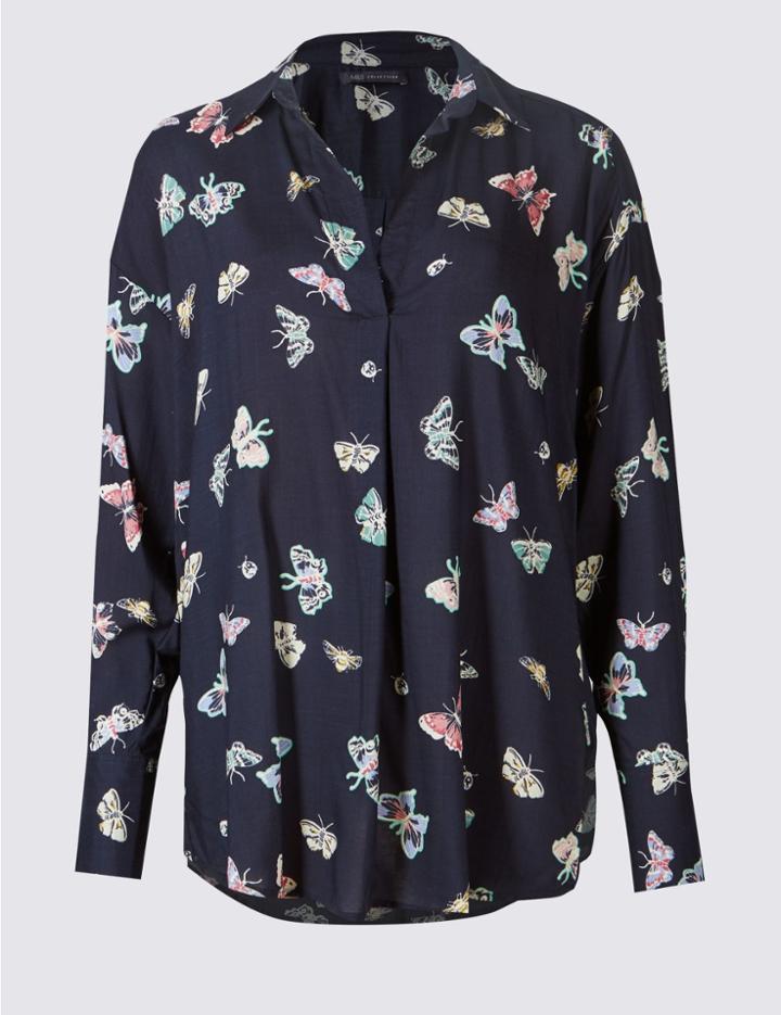 Marks & Spencer Pure Modal Printed Long Sleeve Blouse Navy Mix