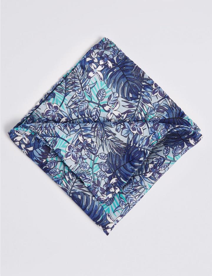 Marks & Spencer Pure Silk Tropical Leaf Print Pocket Square Blue Mix