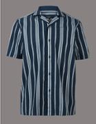 Marks & Spencer Pure Cotton Slim Fit Striped Shirt Navy Mix