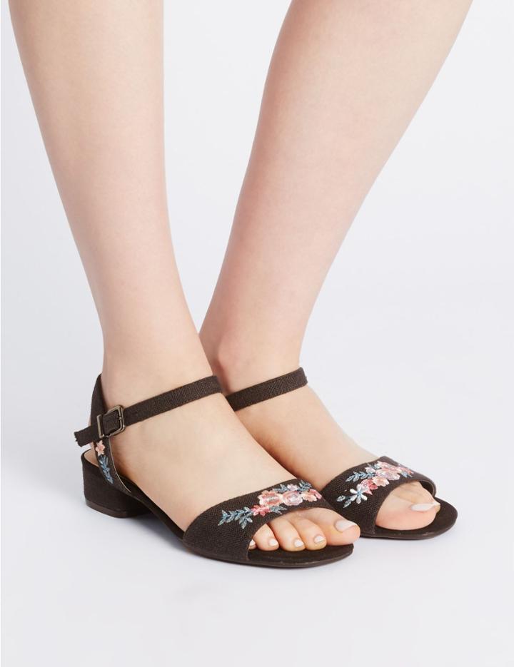 Marks & Spencer Wide Fit Block Heel Embroidered Sandals Black Mix