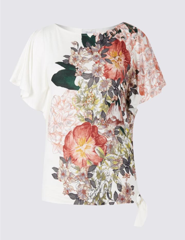 Marks & Spencer Side Tie Floral Print Short Sleeve T-shirt Ivory Mix