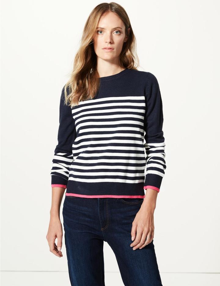 Marks & Spencer Cashmilon&trade; Striped Round Neck Jumper Navy Mix