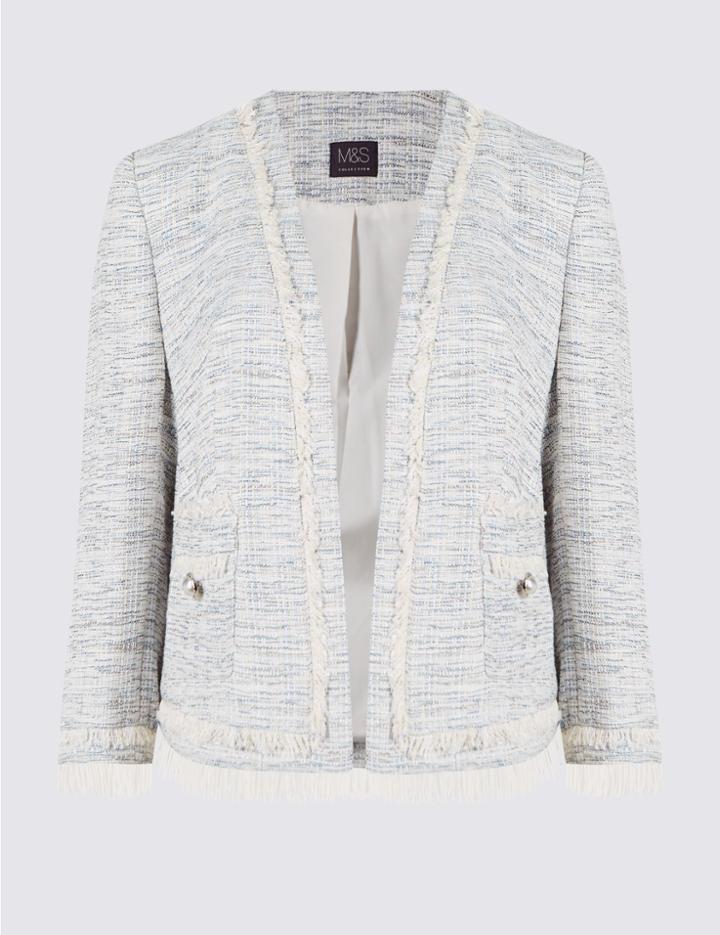 Marks & Spencer Cotton Blend Textured Open Front Blazer Light Blue