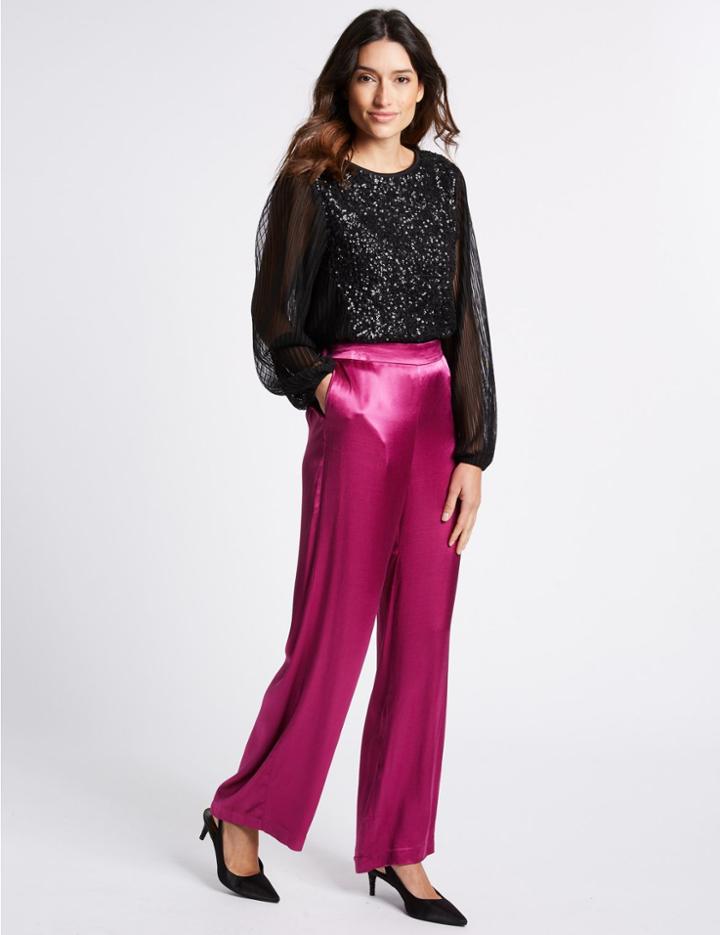 Marks & Spencer Satin Wide Leg Trousers Magenta