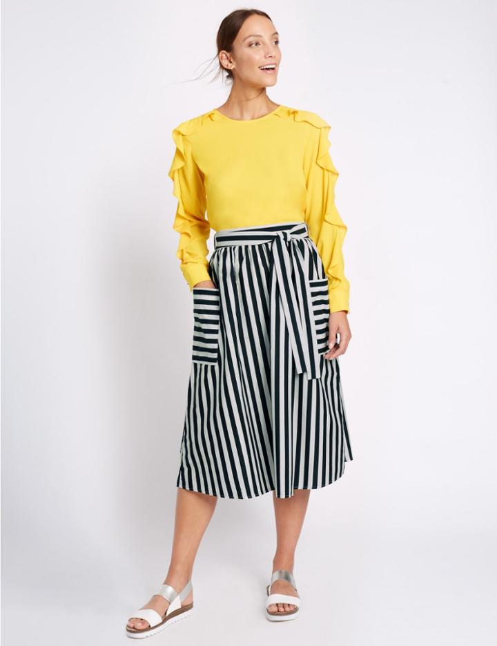 Marks & Spencer Striped Tie Waist A-line Midi Skirt Navy Mix