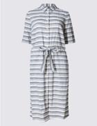 Marks & Spencer Cotton Rich Striped Tie Detail Shirt Dress Multi