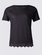 Marks & Spencer Plus Pure Cotton Lace Trim T-shirt Navy