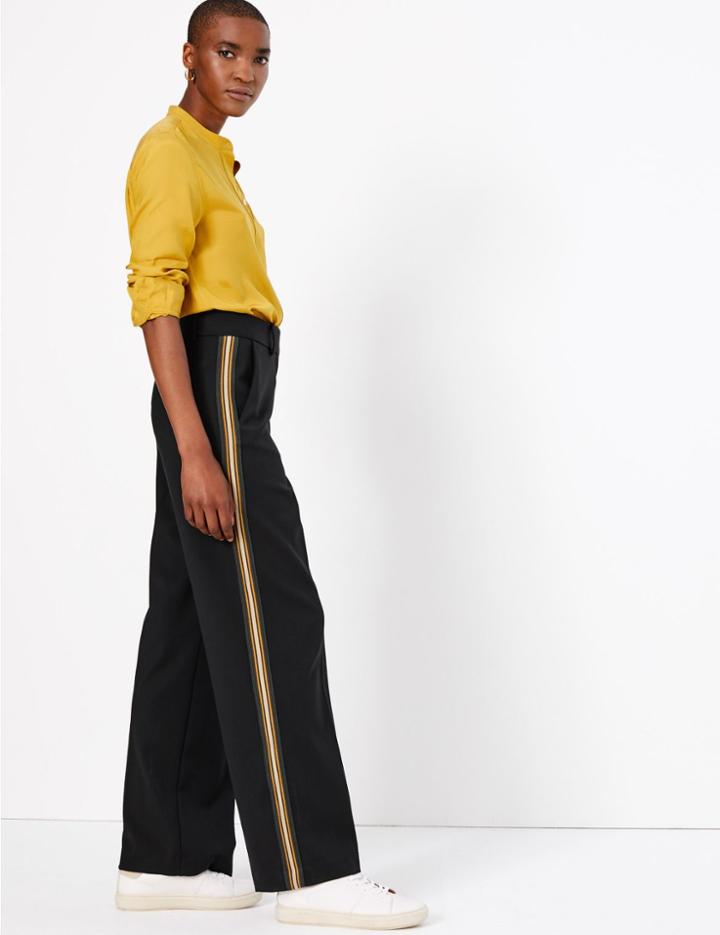Marks & Spencer Side Stripe Wide Leg Ankle Grazer Trousers Black Mix