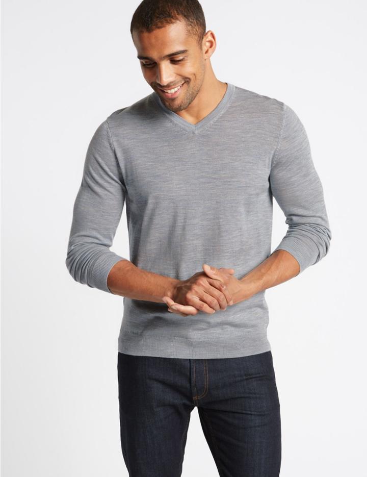 Marks & Spencer Pure Extra Fine Merino V-neck Jumper Blue/grey