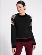 Marks & Spencer Pure Cotton Embroidered Sleeve Jumper Black Mix
